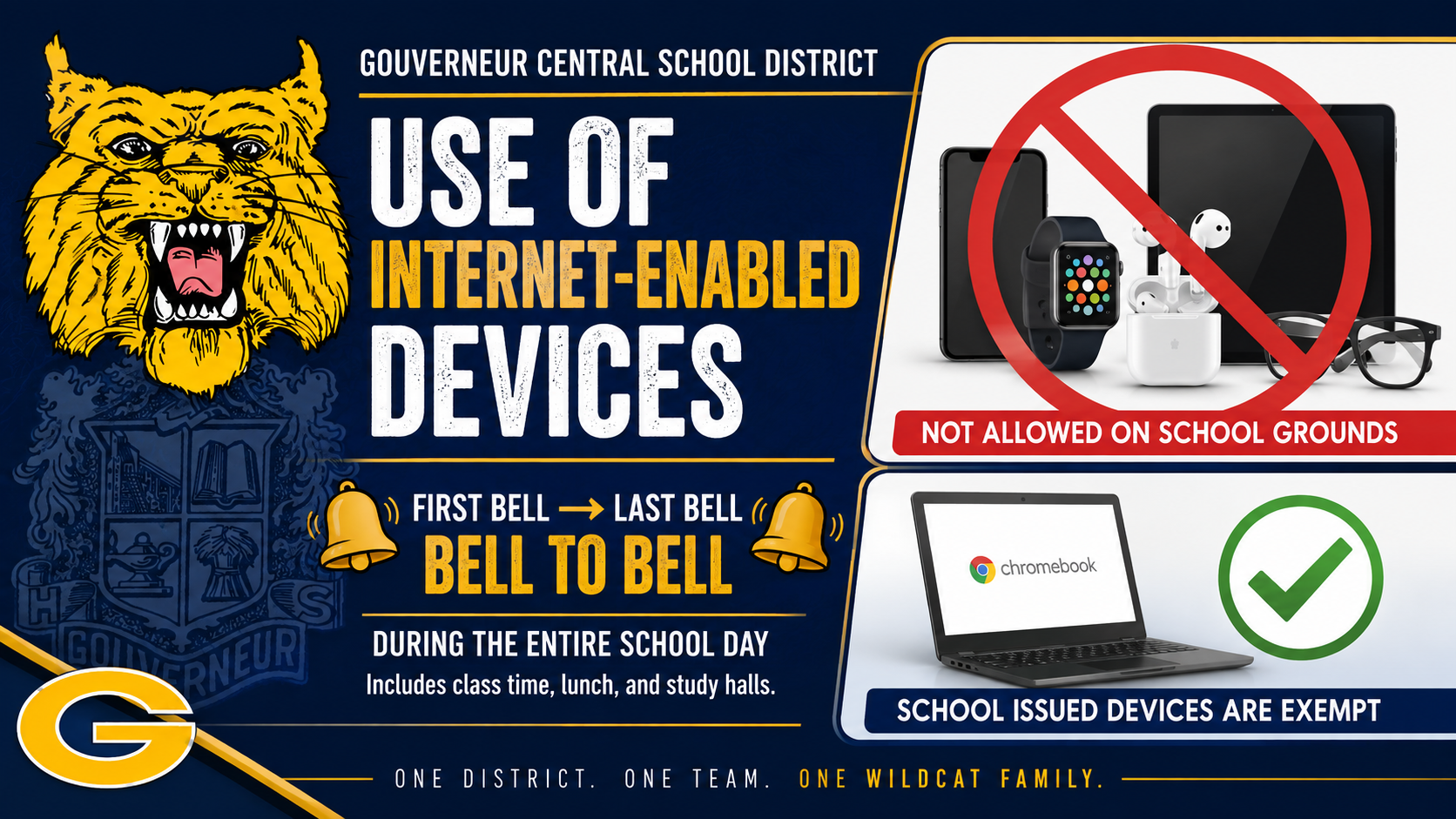 Internet enabled devices with a slash through them, featuring a wildcat and G logo in dark blue background