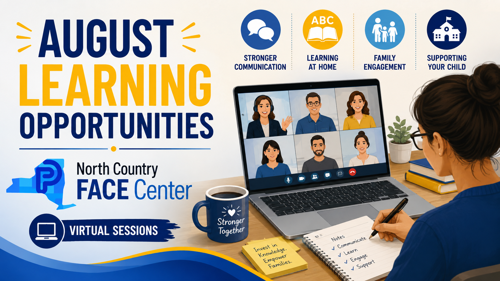 A female sitting at a computer showing a grid of people on a virtual learning session