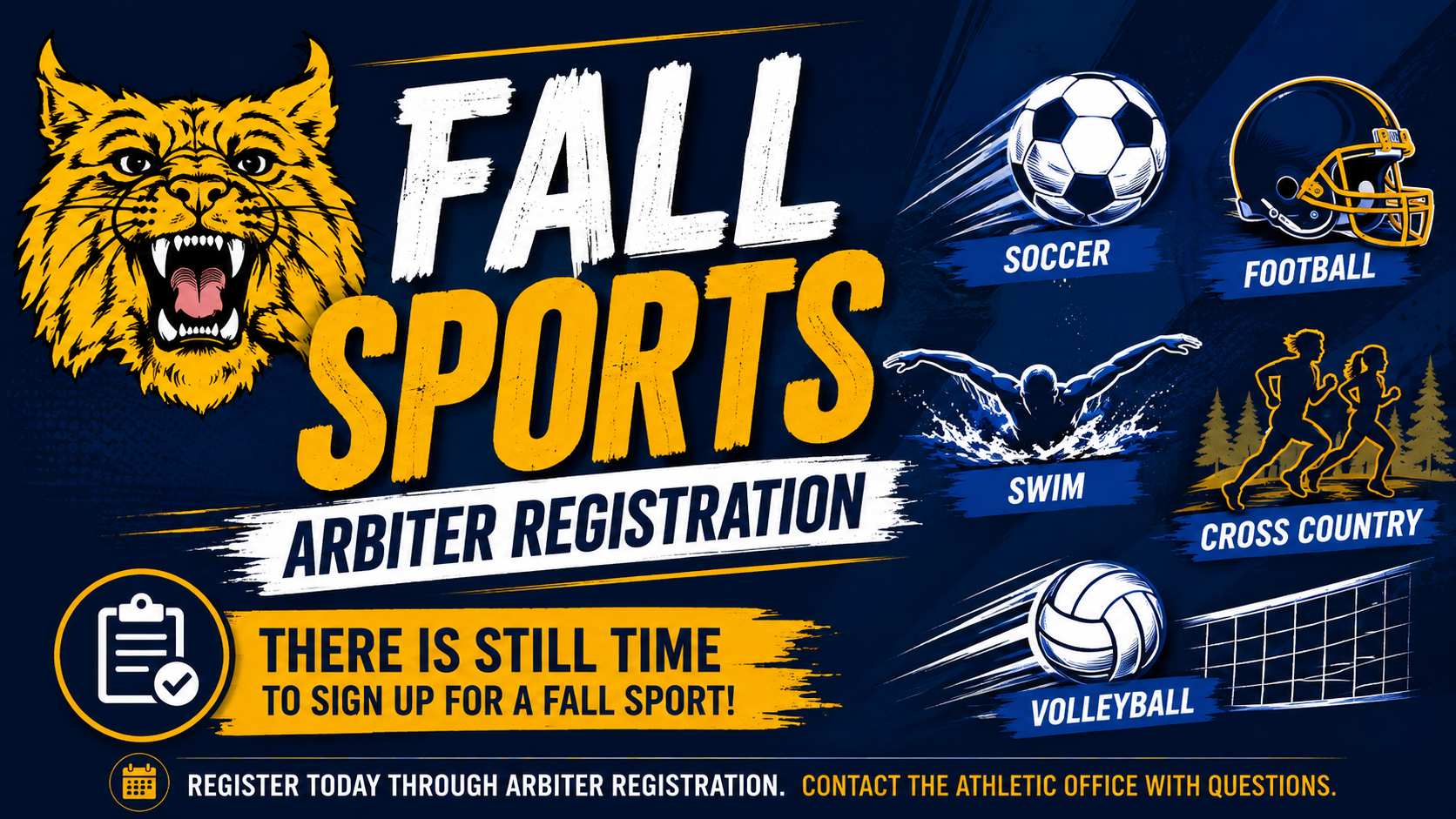 Fall Sport Registration with Wildcat Logo and images of soccer, football, swim, cross country, and volleyball